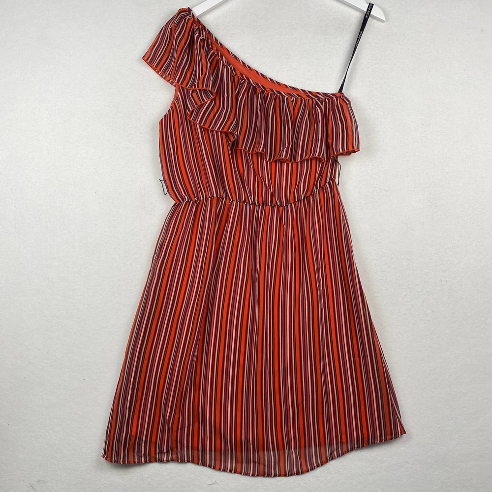 Bisou Bisou Women's Size 6 Orange One Shoulder Striped Flowy Mini Dress